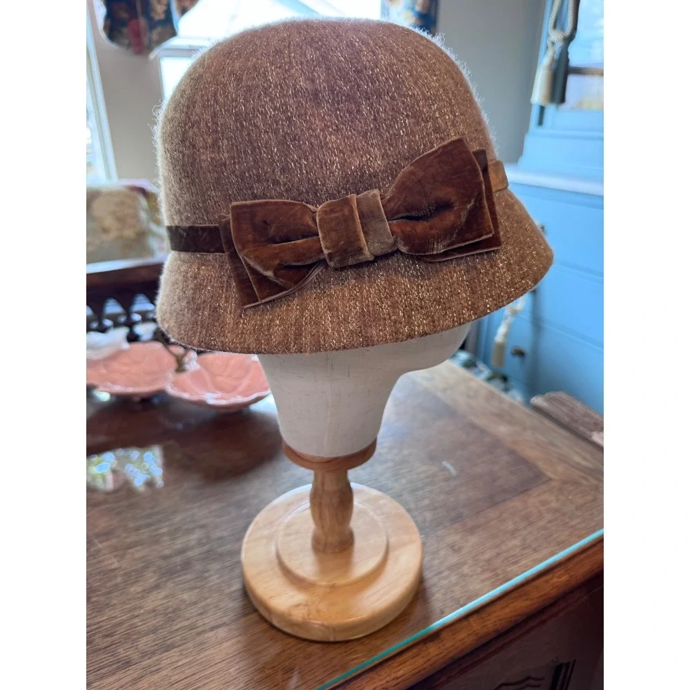 August Hat Company Brown Gold Lurex Wool Blend Cloche Hat Velvet Bow Accent